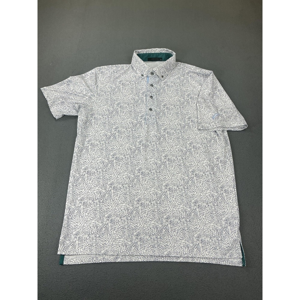 GREYSON Polo Shirt Mens M White Blue Fox Print Stretch Performance Button Collar